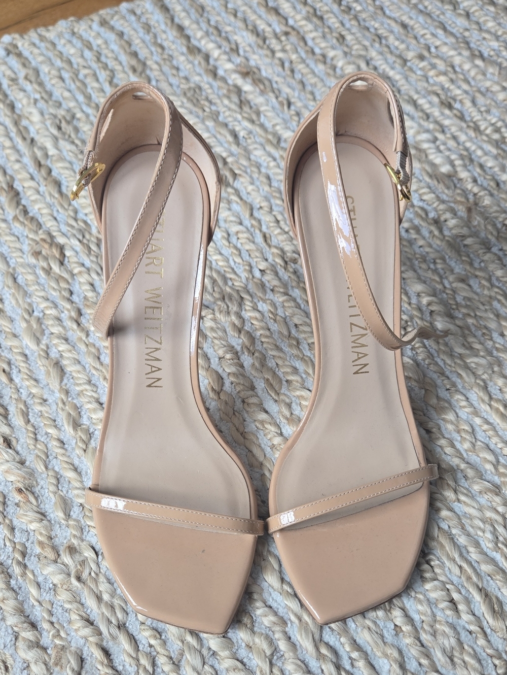 Stuart Weitzman Patent Nude Ankle-Strap Square-Toe Sandals